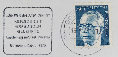 briefmarke stamp vintage retro alt old slogan werbung welt des alten orients göttingen person blau...