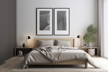 Traditional bedroom design with a mockup frame on the wall, creating a cozy and inviting atmosphere. AI Generative.