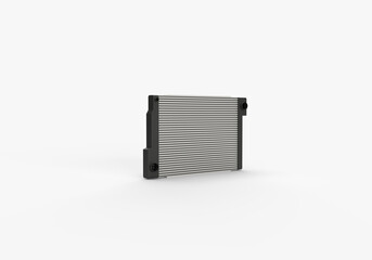 Car radiator for engine cooling. 3d render on the topic of car parts, tuning, speed, movement. Modern minimal style, grey background.