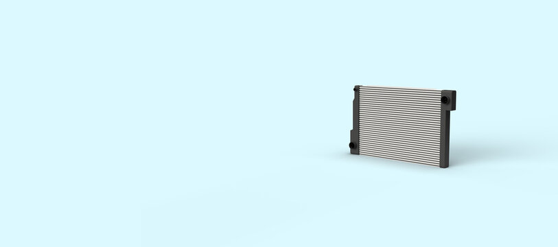 Car radiator for engine cooling. 3d render on the topic of car parts, tuning, speed, movement. Modern minimal style, blue background.