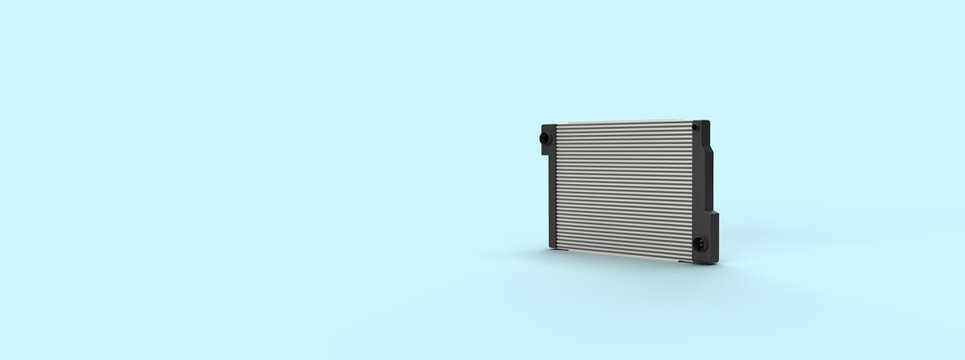 Car radiator for engine cooling. 3d render on the topic of car parts, tuning, speed, movement. Modern minimal style, blue background.