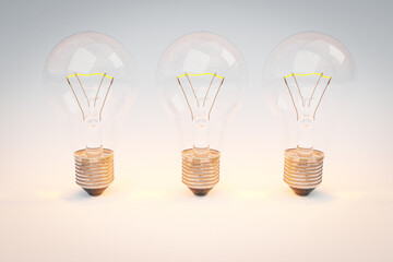 three retro style lightbulbs with glowing filament standing in a row on infinite white background; creativity design concept; 3D Illustration
