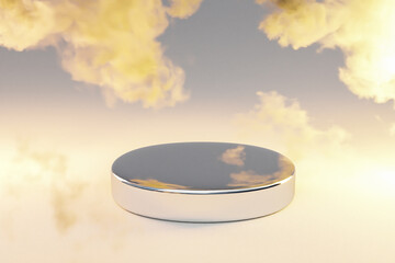 podium infinite background and smoke clouds. silver metall pedestal for beauty, cosmetic product presentation. copy space template, 3D Illustration