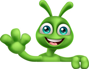 An alien cute little green man Martian cartoon mascot peeking over a sign and waving