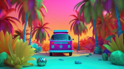Fototapeten colorful palm trees in a colorful planet with a hippie van in it, happiness, hippie, colorful, vibrant, hyper realistic © AUM
