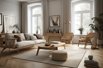 A modern scandinavian living room with furniture design and white walls. Rendered in 3D. Generative AI