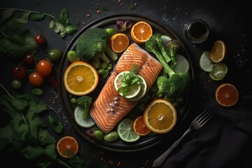Fototapeta na wymiar Salmon and veggies on a plate from above. Generative AI