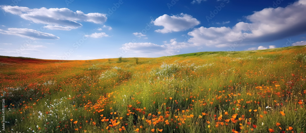 Canvas Prints panorama of meadows fields with flowers in summer under a sky. generative ai illustration