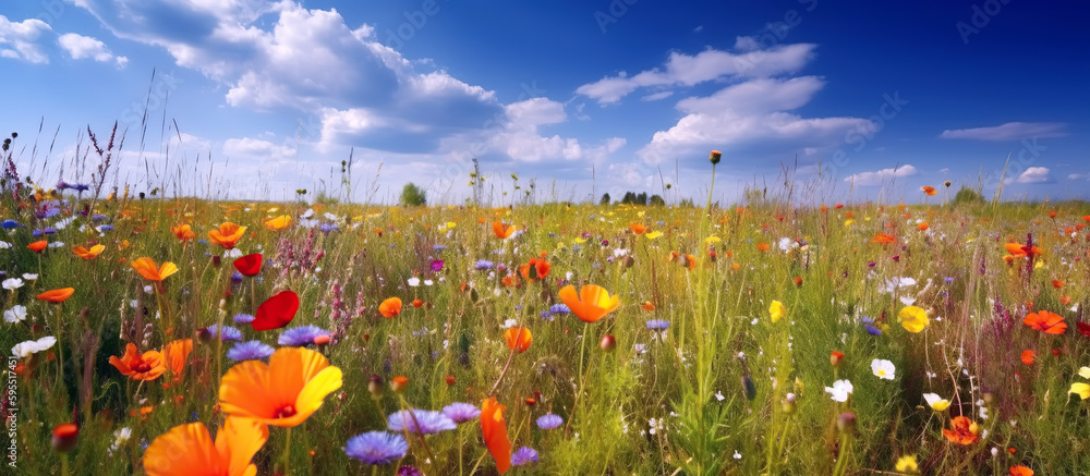Canvas Prints panorama of meadows fields with flowers in summer under a sky. generative ai illustration