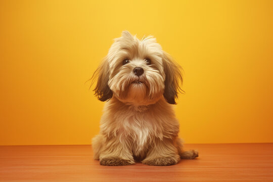 Portrait of Beautiful happy reddish havanese puppy dog on the orange background with copy space. High quality photo