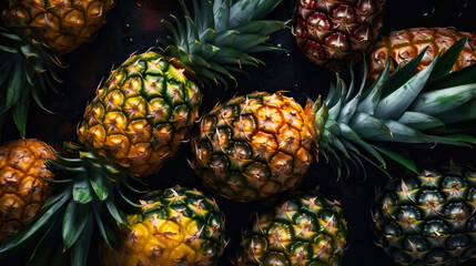 Fresh ripe pineapple with water drops background. Fruits backdrop. Generative AI