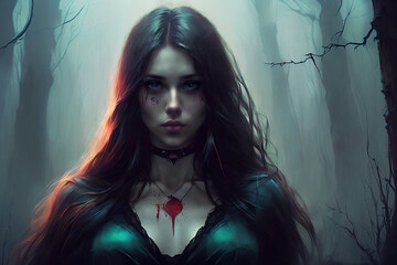 Young beautiful woman with long hair and a bloody shirt in a forest with trees and branches, with a creepy expression, dark fantasy art, digital painting, gothic art. Generative AI