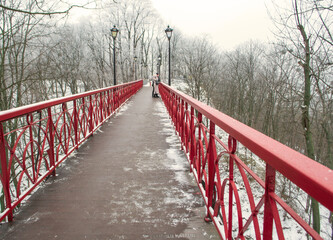 Kyiv, Ukraine, January 12, 2023. Park bridge over the road in Mariinsky Park. Winter