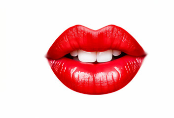 Close-up of woman's lips, Lush Red Lips. isolated on White, highlighting beauty, shallow depth of field, Illustrative Generative AI