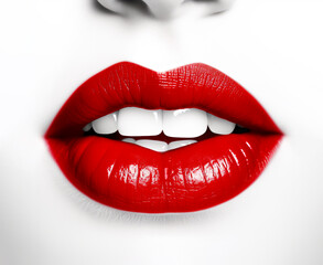 Obraz premium Close-up of woman's lips, Lush Red Lips. isolated on White, highlighting beauty, shallow depth of field, Illustrative Generative AI