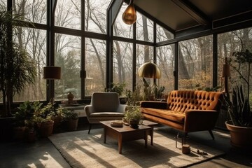 Plakat Gorgeous mid-century sunroom in a cottage-style home filled with lush greenery. Generative AI