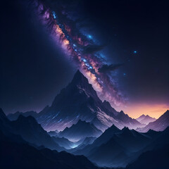 Landscape with mountains and the sky full of stars, space, cosmic, astronomy, galaxy, orbit, wallpaper, generative ai