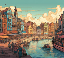 A seaside town in summer with a lot of people on vacation