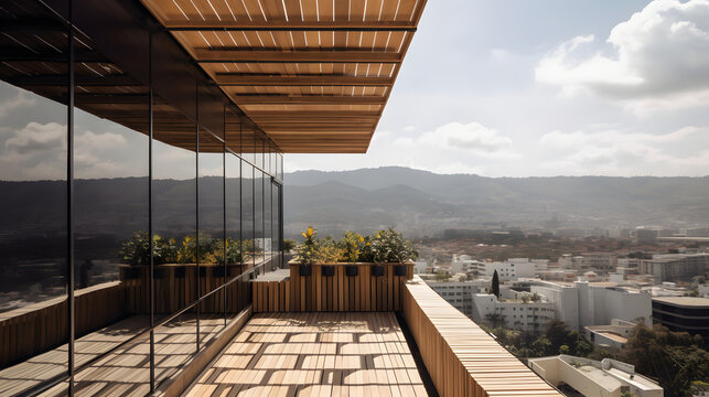 up close photo of sleek and modern solar panels on a balcony, in a modular sustainable hilltop building in Mexico City, inspired by Luis Barragan, made of light wood, design is using natural materials