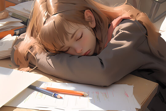 A girl sleeping while doing paper work, generative AI