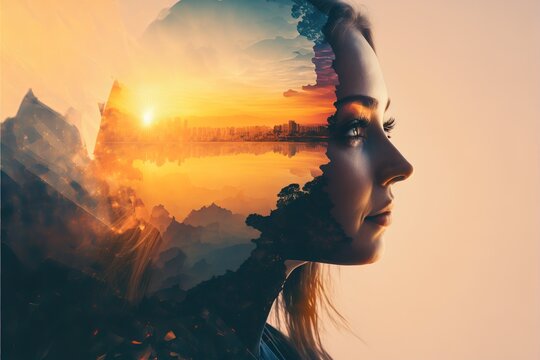 Double exposure image woman portrait with the orange sunset for peaceful mind and psychological concept. Meditative and healthy mental therapy abstract art. Superb Generative AI