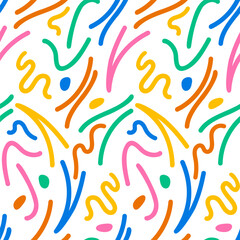 Squiggle seamless pattern with colorful lines and dots. Childish doodle print with simple shapes. Fun abstract scribble background. Vector illustration for textile, fabric