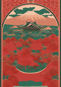 A set of vector backgrounds for text Japan, Korea, and China Travel Poster. Handmade drawing vector illustration. Flat design. Vintage traditional ukiyo-e style. Fuji mountain with Japanese wave patte