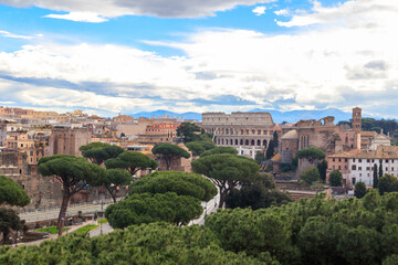 Fototapeta na wymiar View of historical center of Rome with Colosseum from monument of Vittorio Emanuele Vittoriano observation deck, Italy