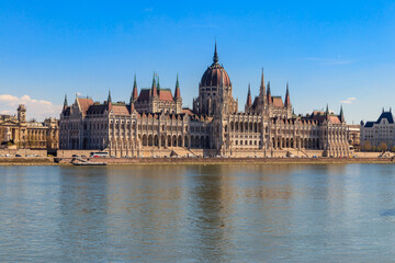 Fototapeta na wymiar View of Parliament building and the Danube river in Budapest, Hungary