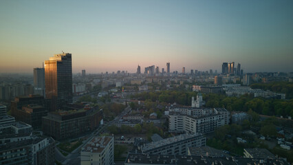 Obraz premium Warsaw, Poland cityscape during the sunrise. 