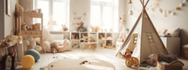 Obraz na płótnie Canvas Blur background of childrens room with kid toys. Banner presentation