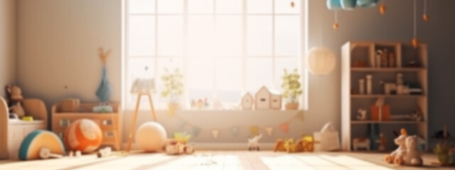 Blur background of childrens room with kid toys. Banner presentation