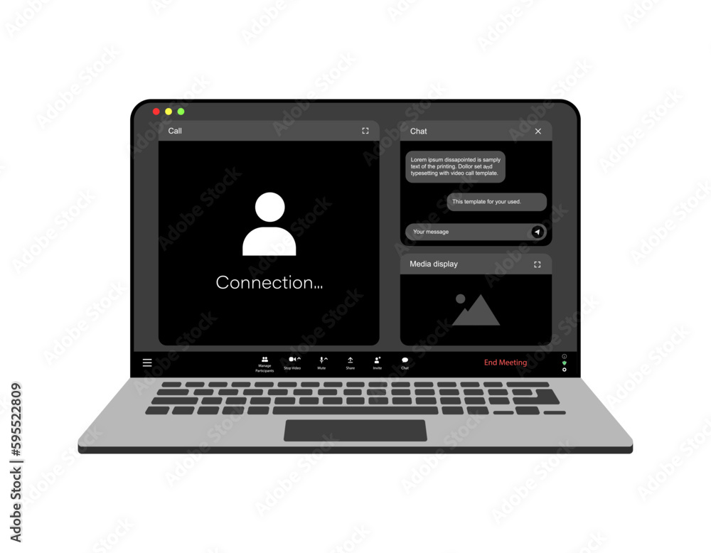 Poster videocall interface, video call screen icons and ui template for laptop, vector overlay. video confe
