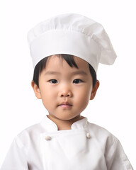 Cute asian toddler wearing chef hat against white background