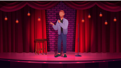 Comedy performance, live stand up show with talent comedian speaking on stage with red curtains and lights vector illustration. Cartoon young man with microphone performing funny standup speech