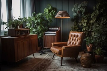 Fototapeta na wymiar Vintage armchair, record player, lamp, plant in bright living room. Luxe interior design background. Generative AI