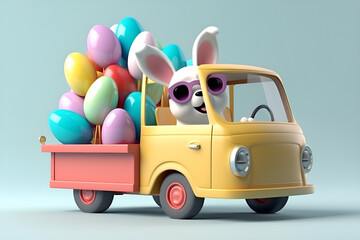 Cute Dog with sunglasses delivers Easter eggs with delivery truck, Generative AI
