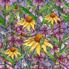 Digital painting wild flowers rich seamless texture. Bright flowers design print for fabric, paper, wallpaper. Hand drawn, vector.Watercolor wild flowers background