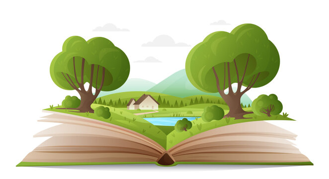 Summer forest landscape on paper pages of open book vector illustration. Cartoon magic spring nature with trees and mountains, water of lake and cute family house, fantasy adventure in storybook