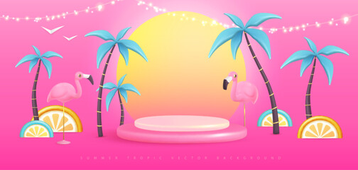 Fototapeta na wymiar Summer background with 3D plastic tropic fruits, palm trees and flamingo. Vector illustration