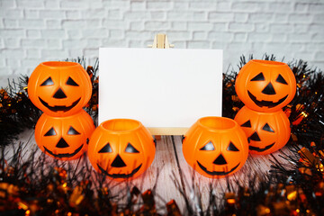 Halloween Pumpkin bucket  with space copy on wooden background