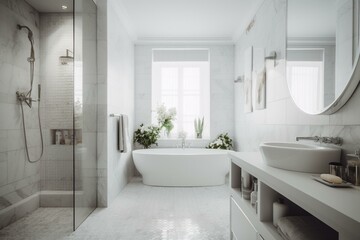 Naklejka na ściany i meble Contemporary white bathroom. Generative AI