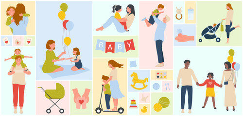 Cartoon parents hug and talk with kids, hands of child giving heart and love, baby toys and pram in geometric collage background. Happy father, mother and children characters set vector illustration