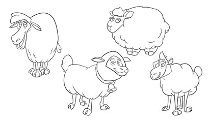 Cute sheep set. Kids coloring page. Hand drawn vector illustration. Black and white clip art. Doodle style. Outline vector illustration for coloring book. Vector sheet icon.