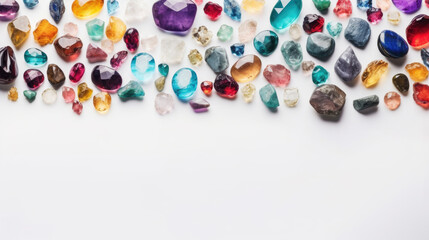 Different Beautiful Gemstones, Colorful Jewelry Crystals on White Background with Copy Space, Top View. Generative AI.