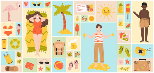 Cartoon scrapbook summertime collection with sunbathing people in bikini, luggage, exotic dessert and drink in geometric collage background. Sea beach party, summer vacation set vector illustration