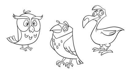 Black and white birds set. Cute coloring page for child, doodle style. Doodle style. Outline vector illustration for coloring book. Vector sheet icon.