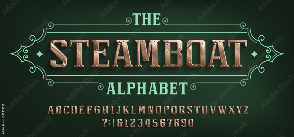 Fototapete the steamboat alphabet font. riveted letters and numbers in steampunk style. stock vector typescript
