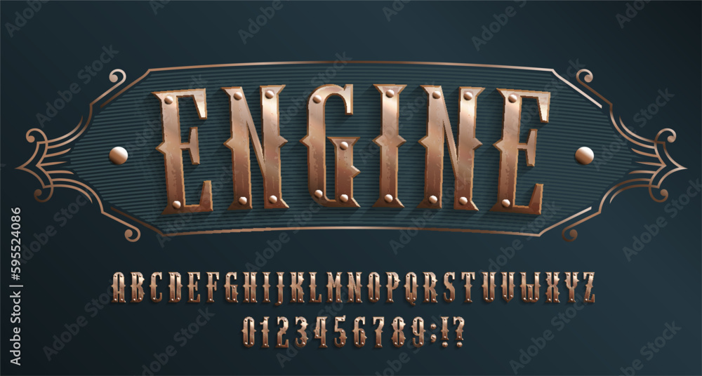 Fototapete engine alphabet font. riveted letters and numbers in steampunk style. stock vector typescript for yo