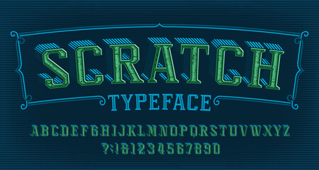 Scratch alphabet font. Vintage letters and numbers. Vector typeface for your typography design.